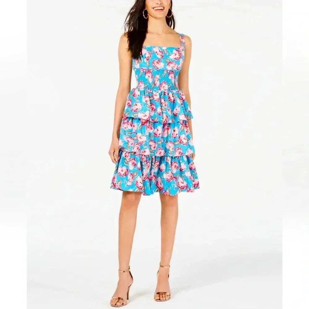 Betsy Johnson Floral Smocked Tiered Ruffle Dress size 10